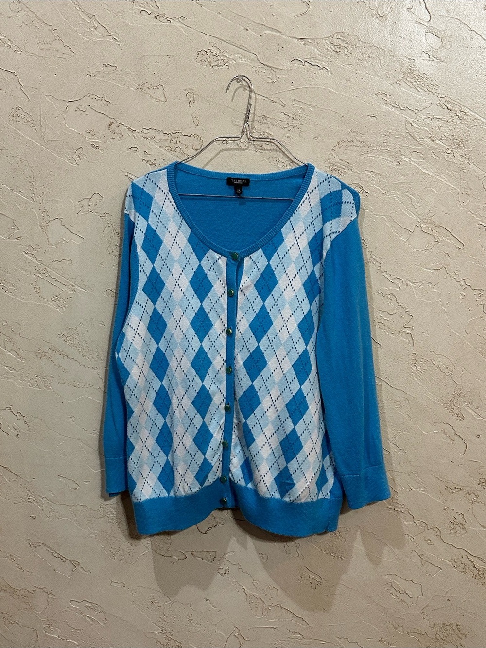Talbots Blue & White Argyle Button-Up Cardigan with Enameled Buttons Size XL